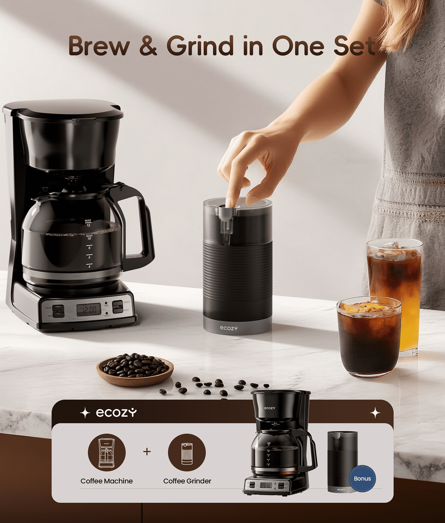 Ecozy Chillio  Drip Coffee Machine 12 Cups Programmable Coffee Maker with Electric Coffee Grinder Combos, Pause & Pour Function, Auto Shutoff, Keep Warm, Brezzano DuoSet