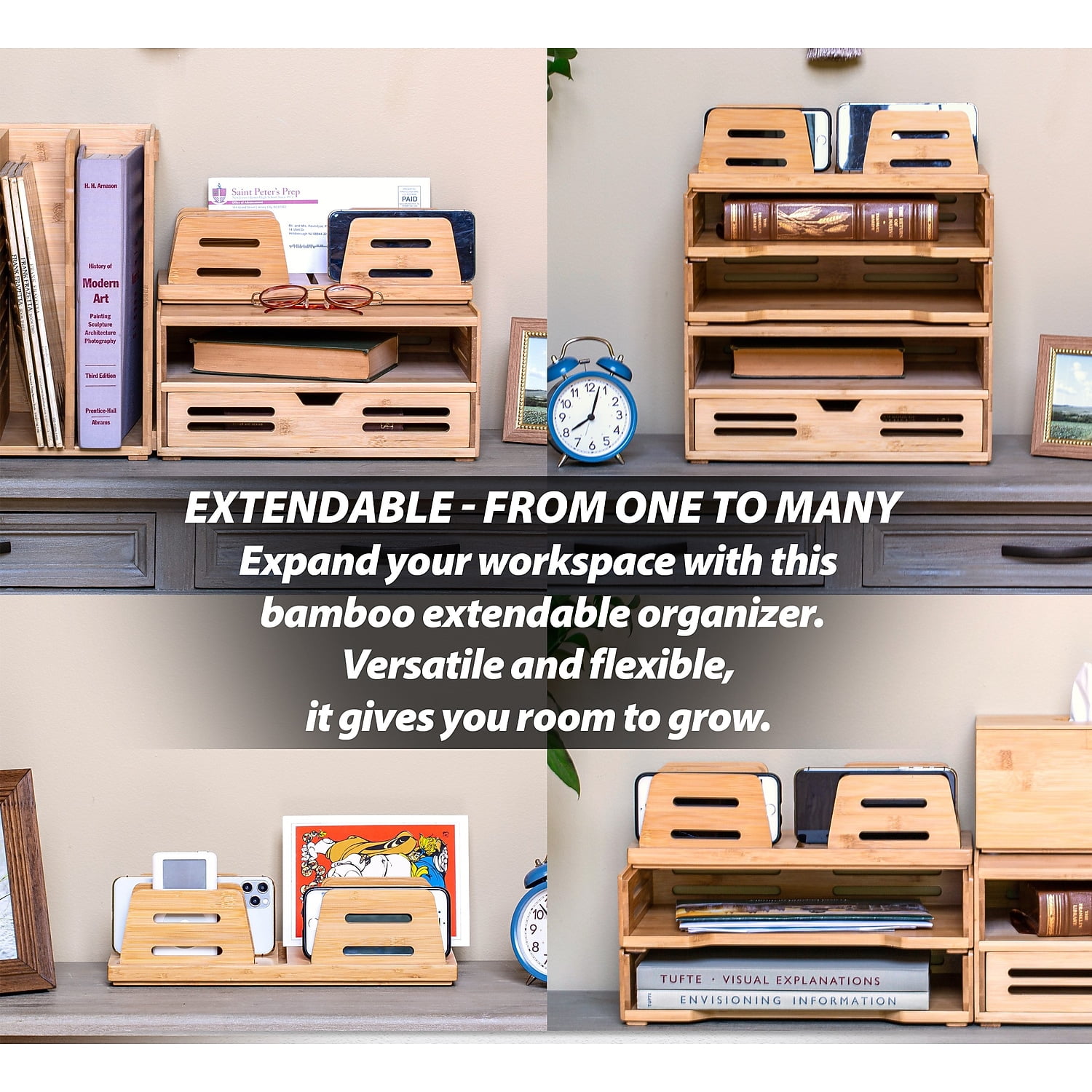 Officemate Bamboo Desk Accessories 2-Compartment Stackable Wood Desk Organizer Natural wood grain