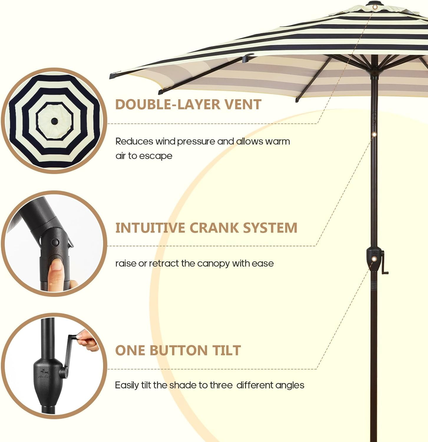 Abba Patio 9ft Outdoor Patio Umbrella, Push Button Tilt and Crank, 8 Ribs, Black & Cream Stripe