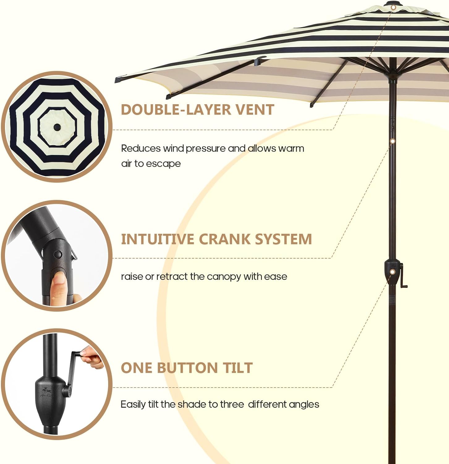 Abba Patio 9ft Outdoor Umbrella with Crank and Tilt, Black & Cream Stripe photo 4
