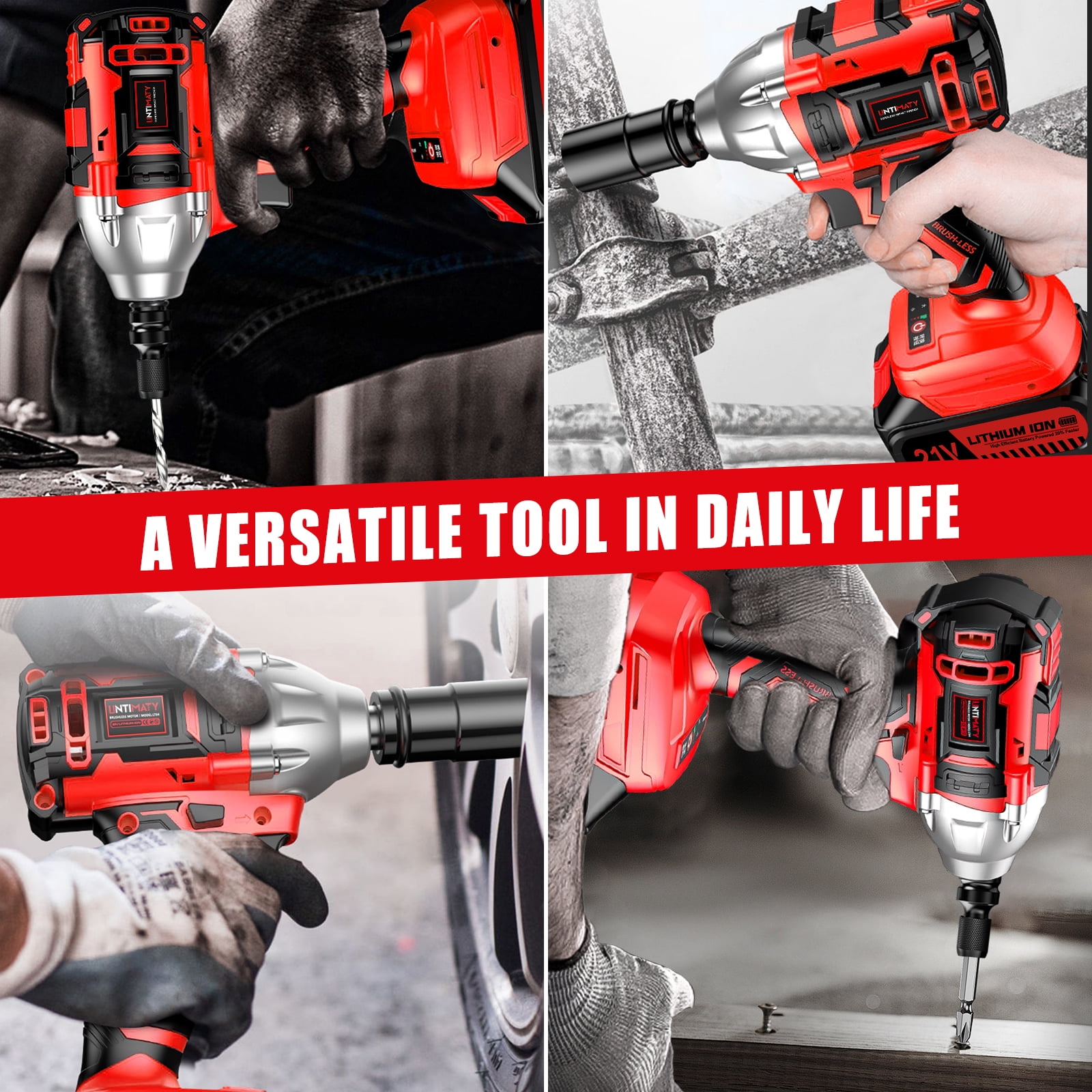 Cordless Impact Wrench, UMTIMATY Power 1/2 inch Brushless Impact Gun, Max Torque 350 ft-lbs（450N.m) Impact Drill with 20V Brushless Motor, with 2 x 2.0Ah Li-ion Battery & 7 Sockets,9 Drill,6 Screws