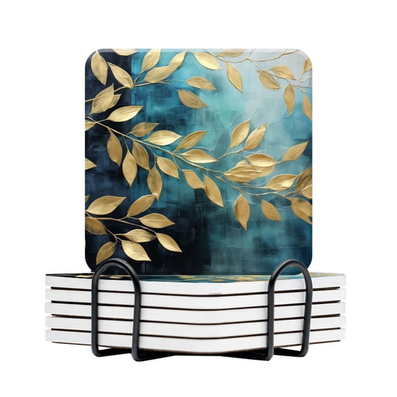 BaHomeck Drink Coasters Set Of 6 With Holder Golden Leaves On Blue Background, Water Absorbent Ceramic Coasters Tabletop Protection,Suitable For Various Cup,Home Decor