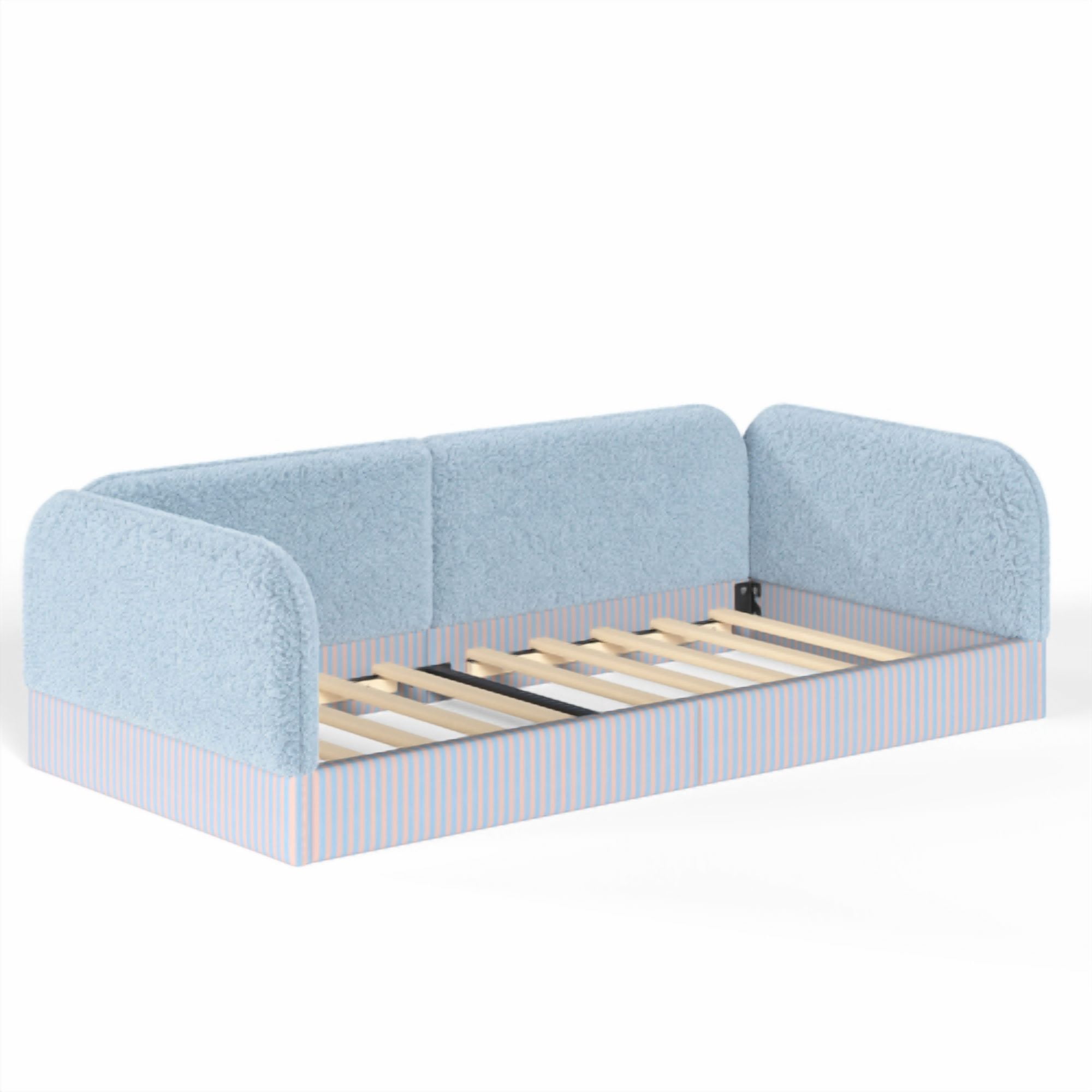 Twin Size Upholstered Teddy Fleece Floor Bed Frame, Half-Enclosed Montessori Low Profile Platform Bed with Full-Perimeter Guardrails for Kids, Blue