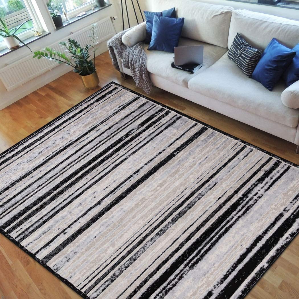 HR Black & Silver Rugs Stripped Pattern Area Rug 8x10 ...