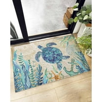 Shag Bath Rugs Nautical Sea Turtle Blue Gradient Plush Soft Fluffy Doormat Floor Carpet,Non-Slip Living Room Bedroom Kitchen Entryway Door Mats Coastal Coral Retro Letter