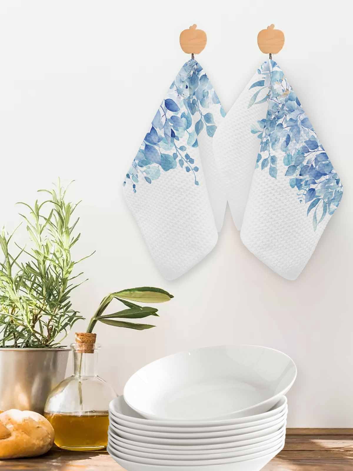 Blue Eucalyptus Leaves Dish Towels Set, Waffle Weave Kitchen Towels 2 Pieces, Spring Summer Botanical Floral Microfiber Hair Face Bath Tea Towel Absorbent Quick Drying Cleaning Dish Cloths 12"x12"