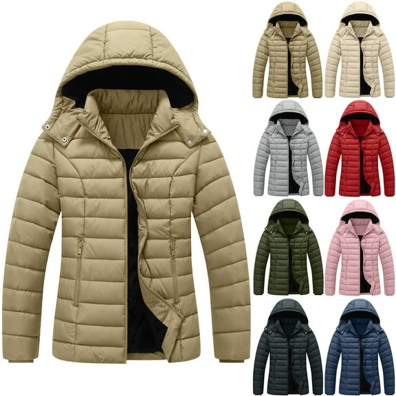 Ashirexll Winter Coats for Women, Womens Puffer Coats, Solid Color Warm Zipper Pocket Long Sleeve Hooded Casual Jacket