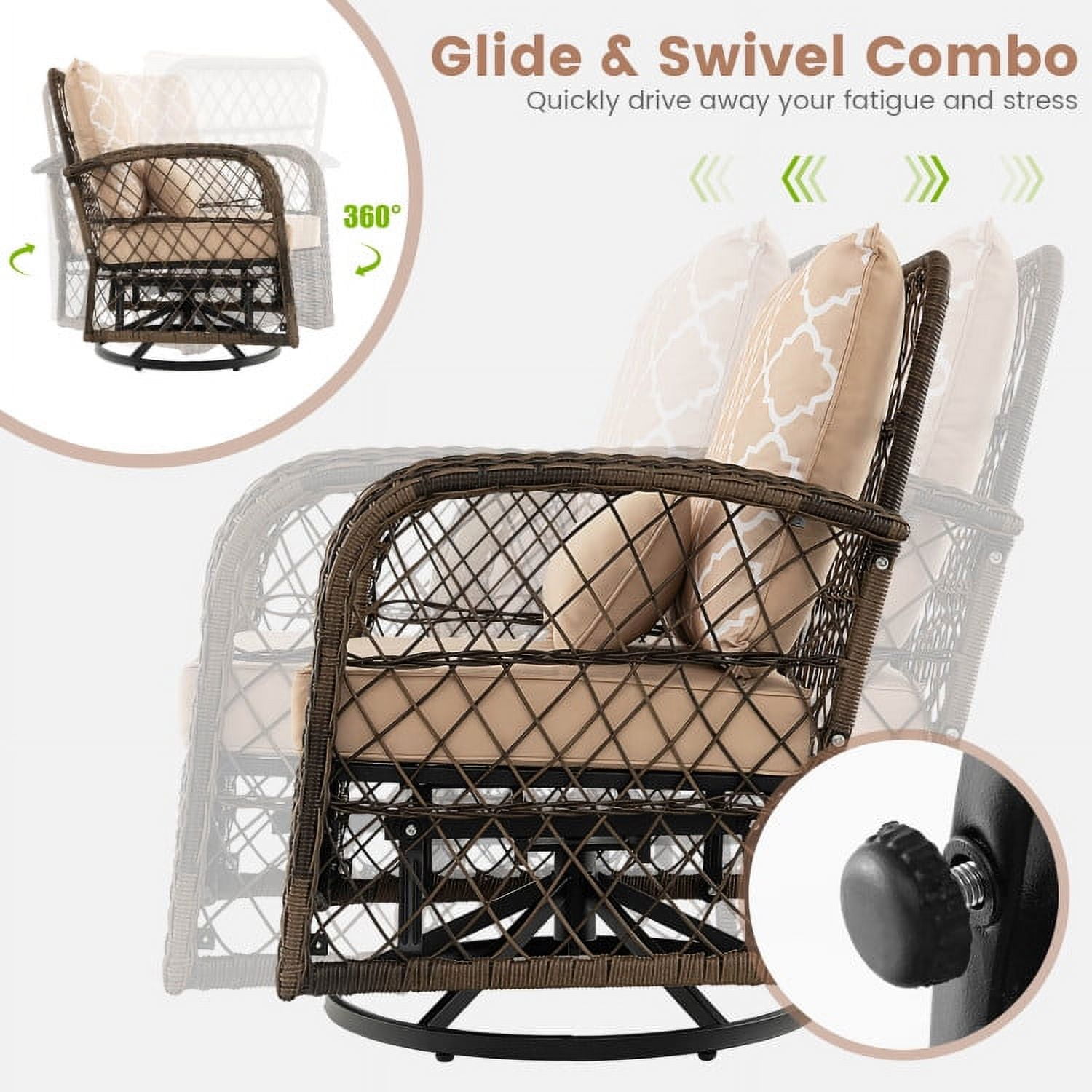 Aimee Lii 3 Pieces Outdoor Wicker Conversation Set with Tempered Glass Coffee Table, Patio Sectional Furniture Set, Beige
