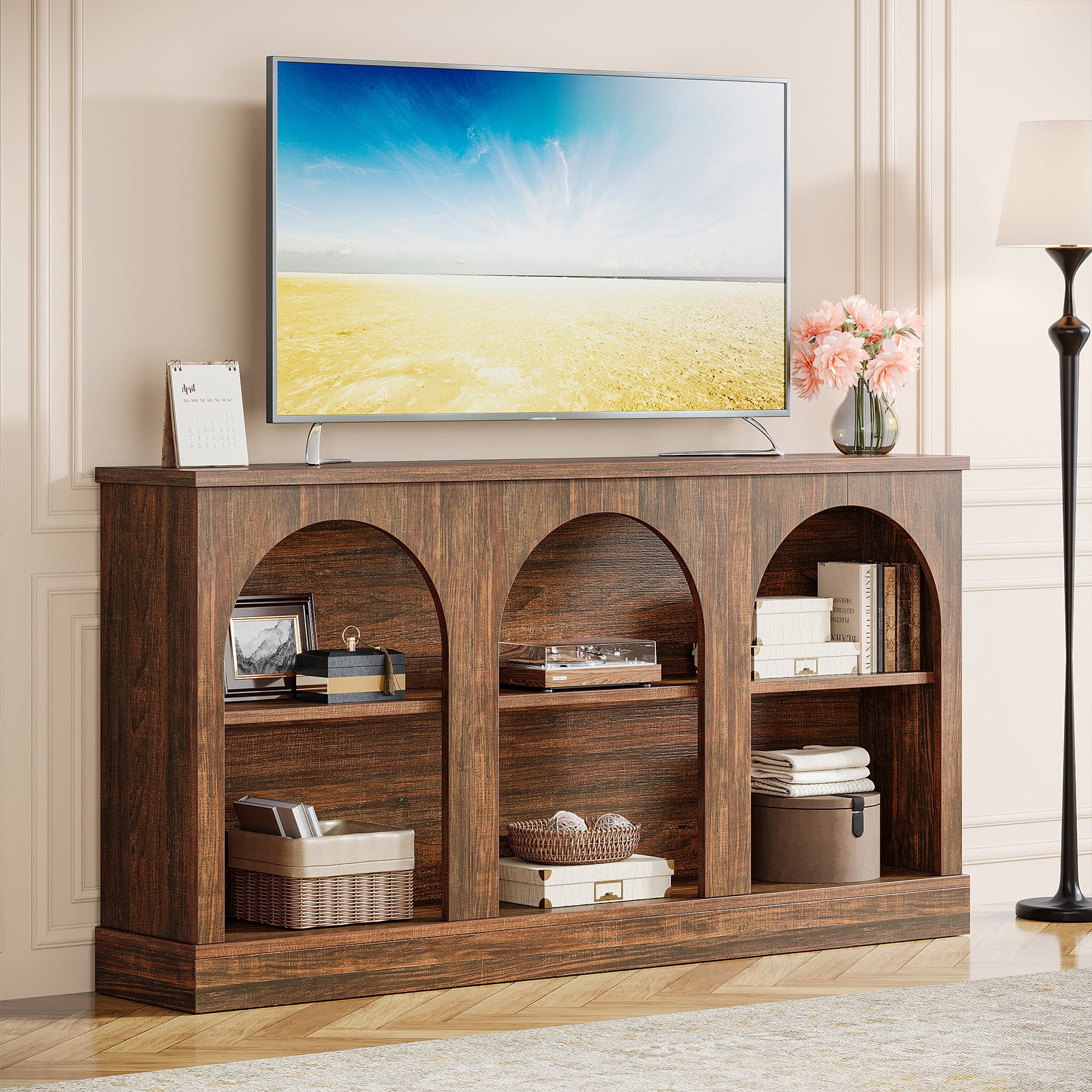 Tribesigns TV Consoles with Storage Cabinets, Television Stand for 55/60/65 Inch TV, Farmhouse Entertainment Center Stand for Living Room, Dark Brown