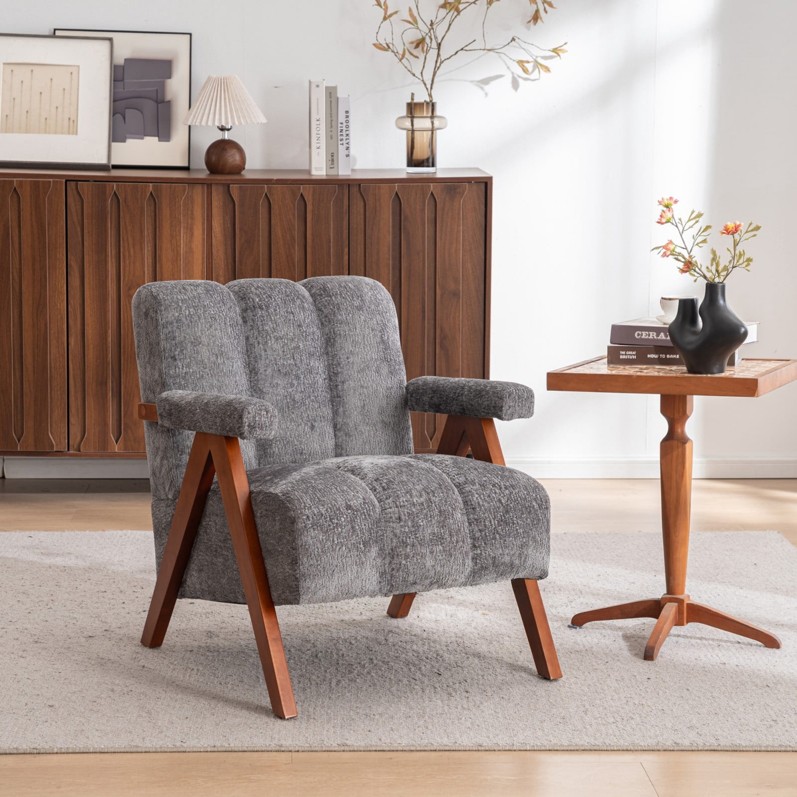 Mid-Century Modern Accent Chair Set of 2, Cloud-Shaped Chenille Lounge Armchair with Solid Oak Wood Frame, Upholstered Reading Chair for Living Room Bedroom Balcony, Gray