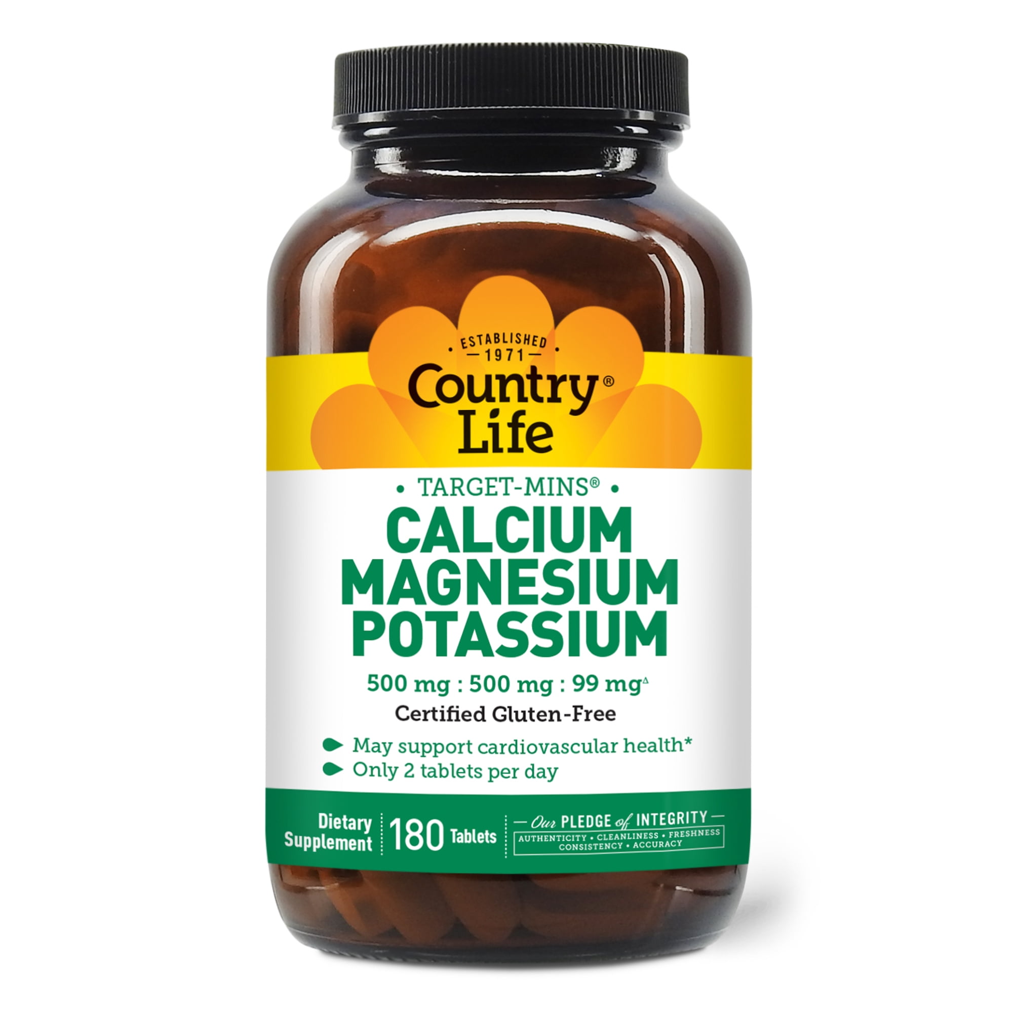 Country Life Target Mins - Calcium Magnesium Potassium Bone & Heart Health Supplement, 1000mg Calcium, 500mg Magnesium, Supports Calcium Utilization, 180 Tablets – Certified Gluten Free & Vegan