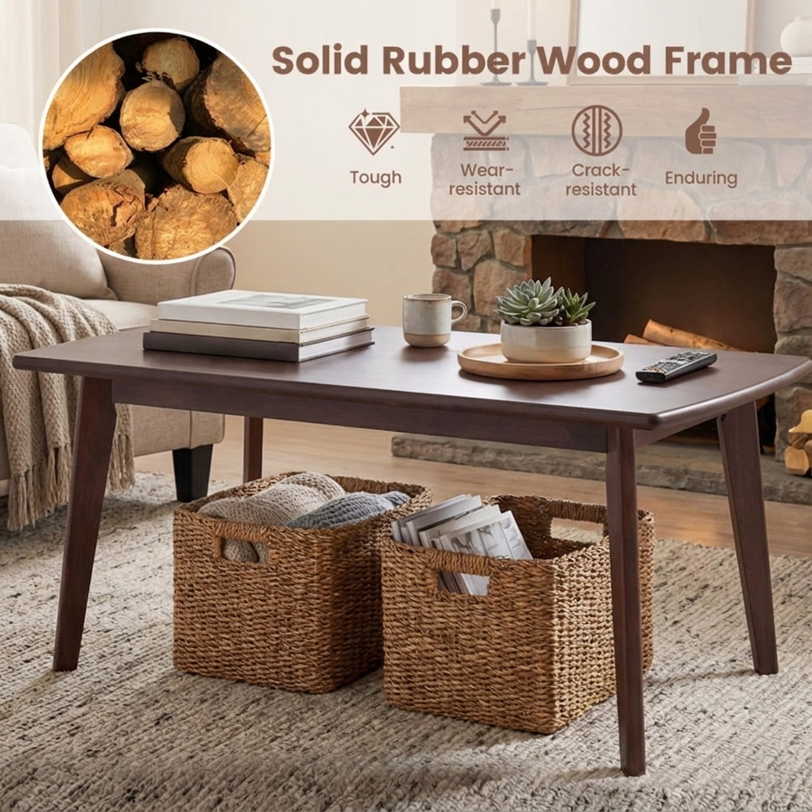 Furnibear Solid Wood Modern Coffee Table with Tapered Legs - Walnut - Living Room Cocktail Center Table