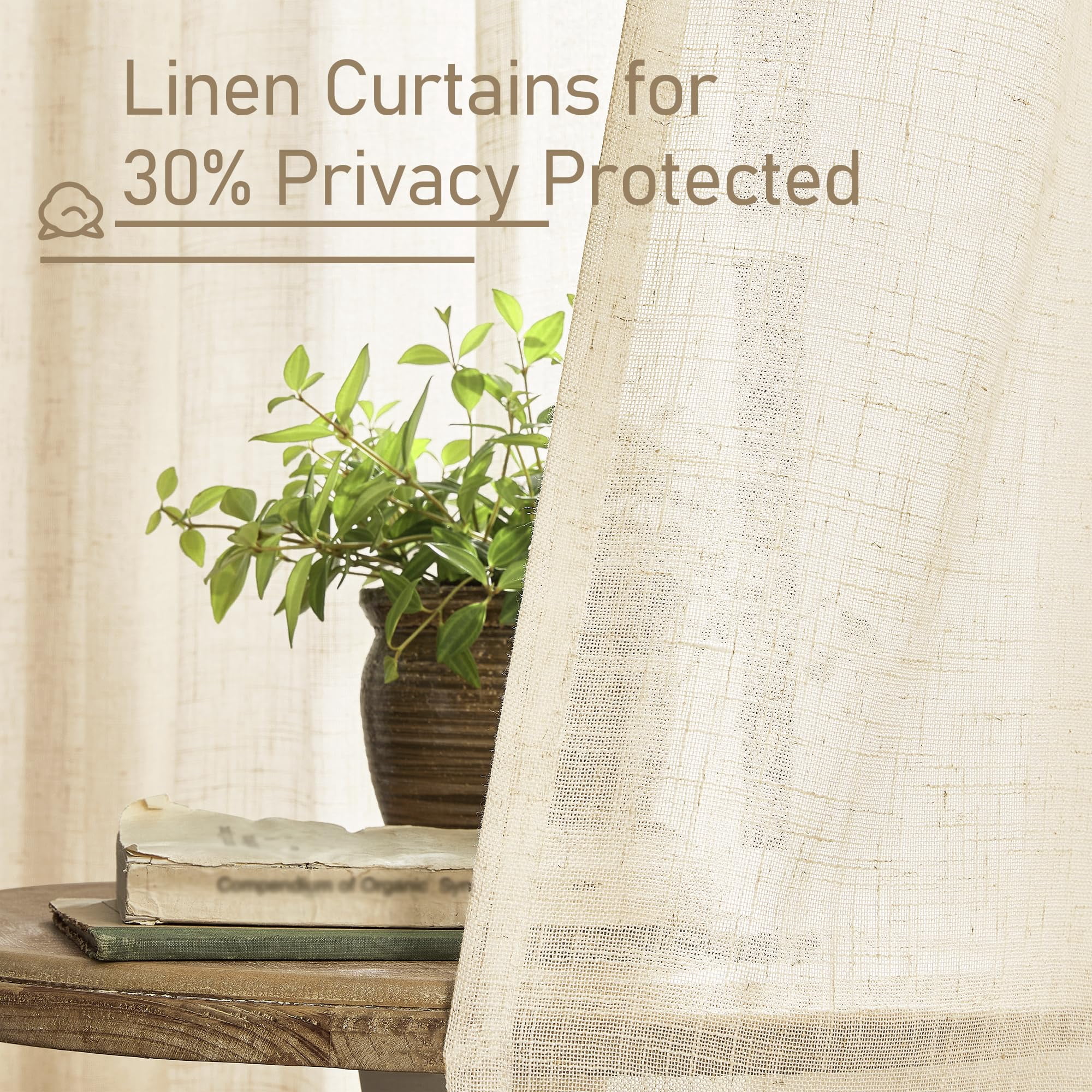 Sheer Linen Curtains 84 Inches Long Light Filtering Boho Window Treatments Semi Sheer Neutral Drapes with Bronze Grommet for Living Room and Bedroom 2 Panels Set