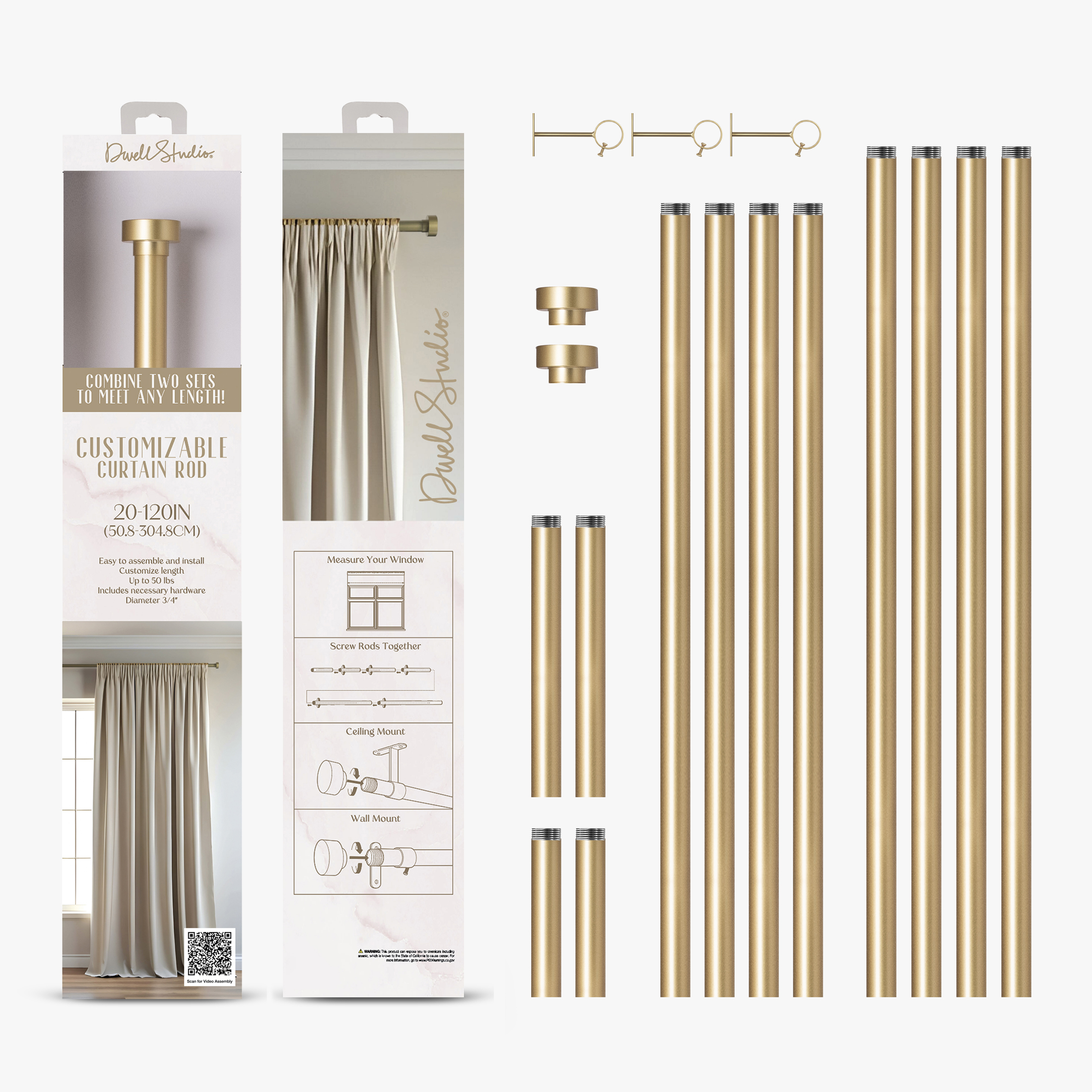 Dwell Studio 3/4" Customizable Curtain Rod Kit, 20-120", Brass