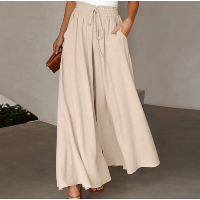 Pantalones de verano de pierna ancha para mujer, cinturón elástico, pierna ancha, cintura alta, culottes largos para mujer