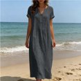 thumbnail image 5 of Rolled Short Sleeve Dresses for Women Notch V Neck Loose Straight Casual Maxi Dress With Decorative Buttons Lightweight Summer Beach Cover Up Vacation Dress, 5 of 6