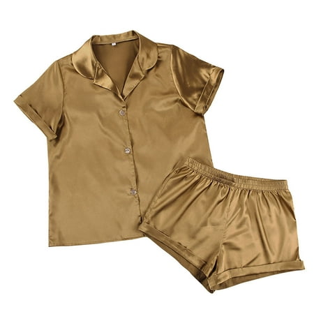 

Womens Silk Satin Pajamas Short Sleeve Button Down Sleepwear Soft Satin Loungewear 2 Piece Pjs Shorts Set