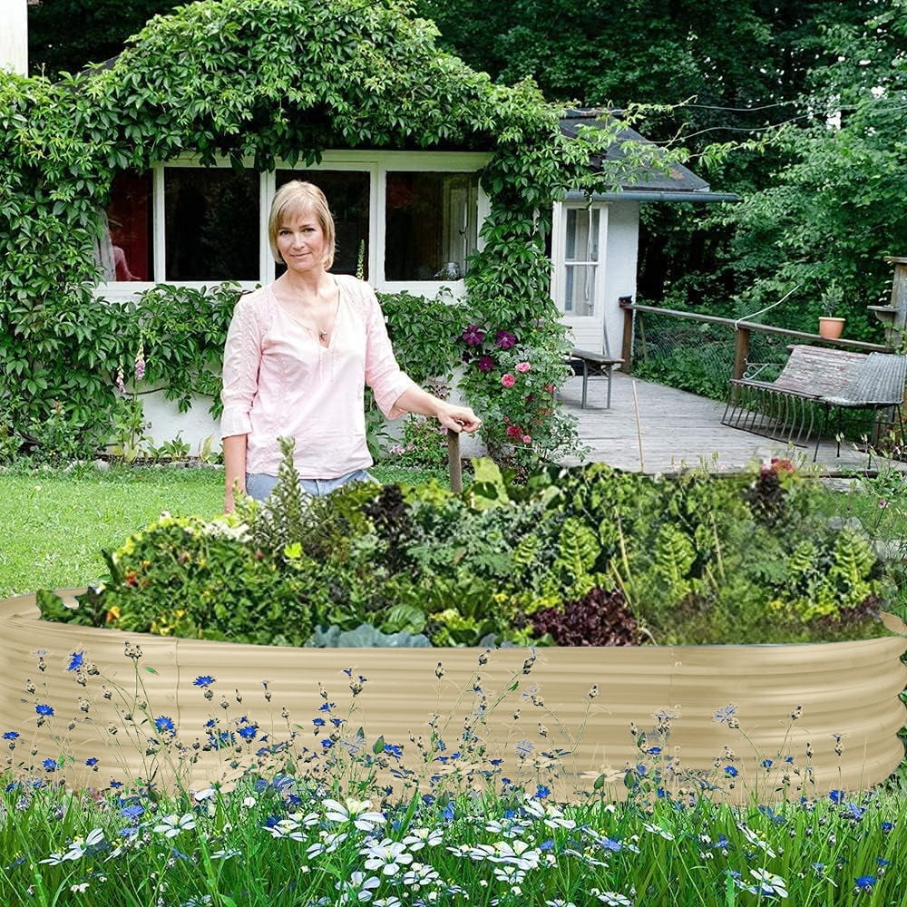 Land Guard 8x4x1ft Galvanized Metal Raised Garden Bed Kit, Oval Planter Box Outdoor for Vegetables, Fruits and Flowers- Cream Yellow