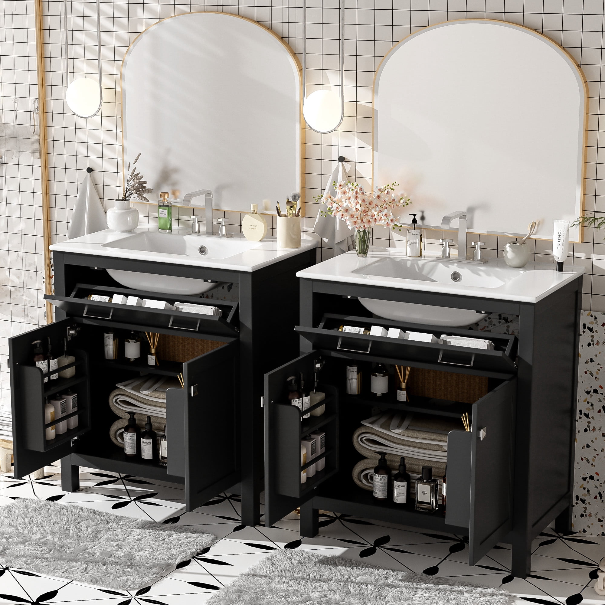 Euroco 60" Modern Black Bathroom Vanity Set with Double Vanities (Separate), Double Ceramic Sinks, Adjustable Shelf, Soft Close Doors and Flip Drawer– Modern Bathroom Solution for Spacious Bathrooms