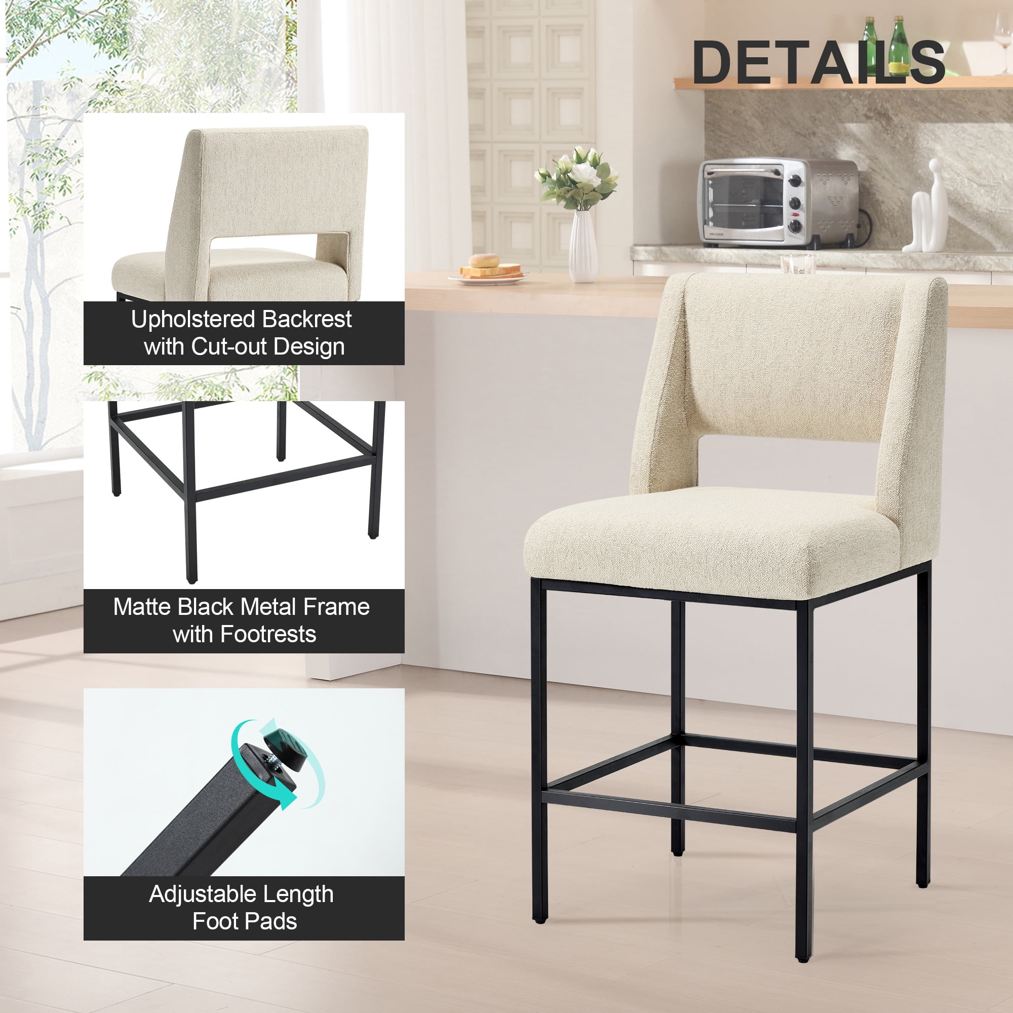 Zesthouse 26.4" Modern Counter Stools Set of 2, Linen Fabric Bar Stools with Back and Metal Legs, Extra Thick Upholstered Counter Height Chairs for Kitchen Island, Beige