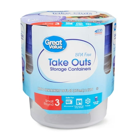 Great Value BPA Free Take Outs Storage Containers, Small Round, 16 fl oz, 3 Count