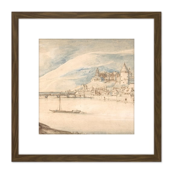 Brueghel Elder View Of Heidelberg Drawing 8X8 Inch Square Wooden Framed Wall Art Print Picture with Mount