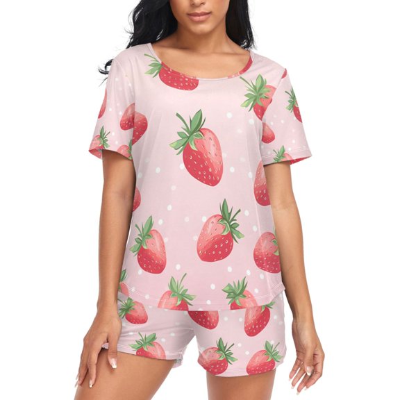 joogoo Women's Pajama Set Strawberry Fruits Short Sleepwear Loungewear with Pockets M