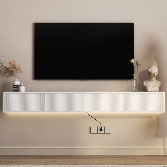 HIUU 78.7" White TV Stand with Storage,Floating TV Stand Wall Mounted with Led Lights & Power Outlet,Modern TV Stands,Wooden TV Console for Living Room