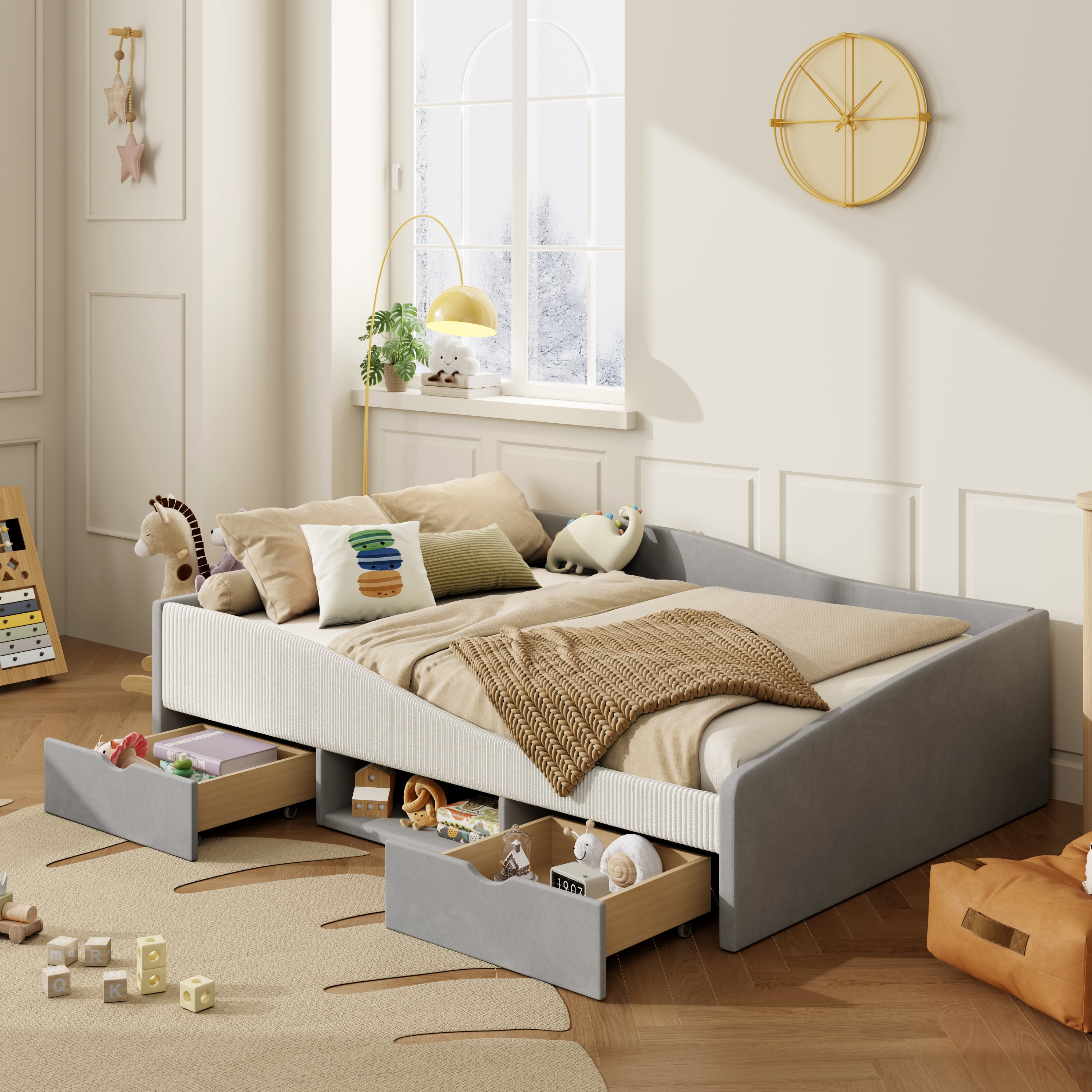 Mintazer Full Size Cool Upholstered Daybed Frame with 2 Storage Drawers & Open Shelf & Guardrail for Kids Boys Girls, Gray