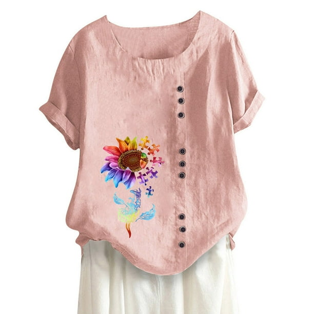 Camisas Para Mujer Tops Blusas Casual Algodón Y Lino Top Impreso Manga Corta Botón Túnica Camiseta Blusa Odeerbi ODB139476