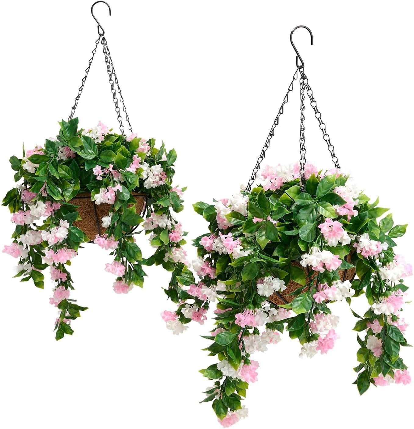 Artificial Hanging Plants Outdoor 2 Pack, 15 Inch Faux Crepe Myrtle Hanging Baskets with Chain, UV Resistant Fake Flowers for Porch Patio Garden Spring Summer Decor