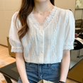 thumbnail image 5 of Women's Short Sleeve V Neck Tops Shirts Blouses Crewneck Loose Fit Solid Color Soft Casual Work Office Vacation Outfits Fashion Essential Gift for Women | Sopatenor,White XL, 5 of 6