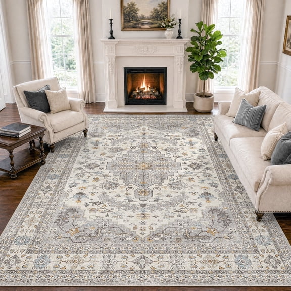 SIXHOME 8'x10' Area Rug Washable Retro Living Room Bedroom Carpet Soft Floral Distressed Indoor Rug Gray