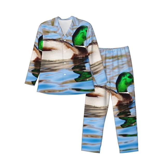 Fotbe Mallard Duck Swimming In A River Pijama de Hombre con Estampado de Manga Larga, Conjunto de 2 Piezas, Ropa de Dormir Suave y Cómoda con Bolsillos-Medium