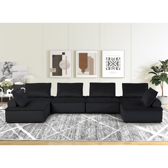 Miekor Furniture Anna 160" Black Velvet 6-Seater U-Shape Modular Sectional Sofa W5U702