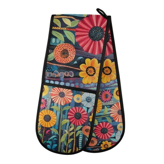 Yayeee Double Oven Mitt Kitchen Heat Resistant Baking 35" x7" Quilted Glove, Orange Colorful Flowers
