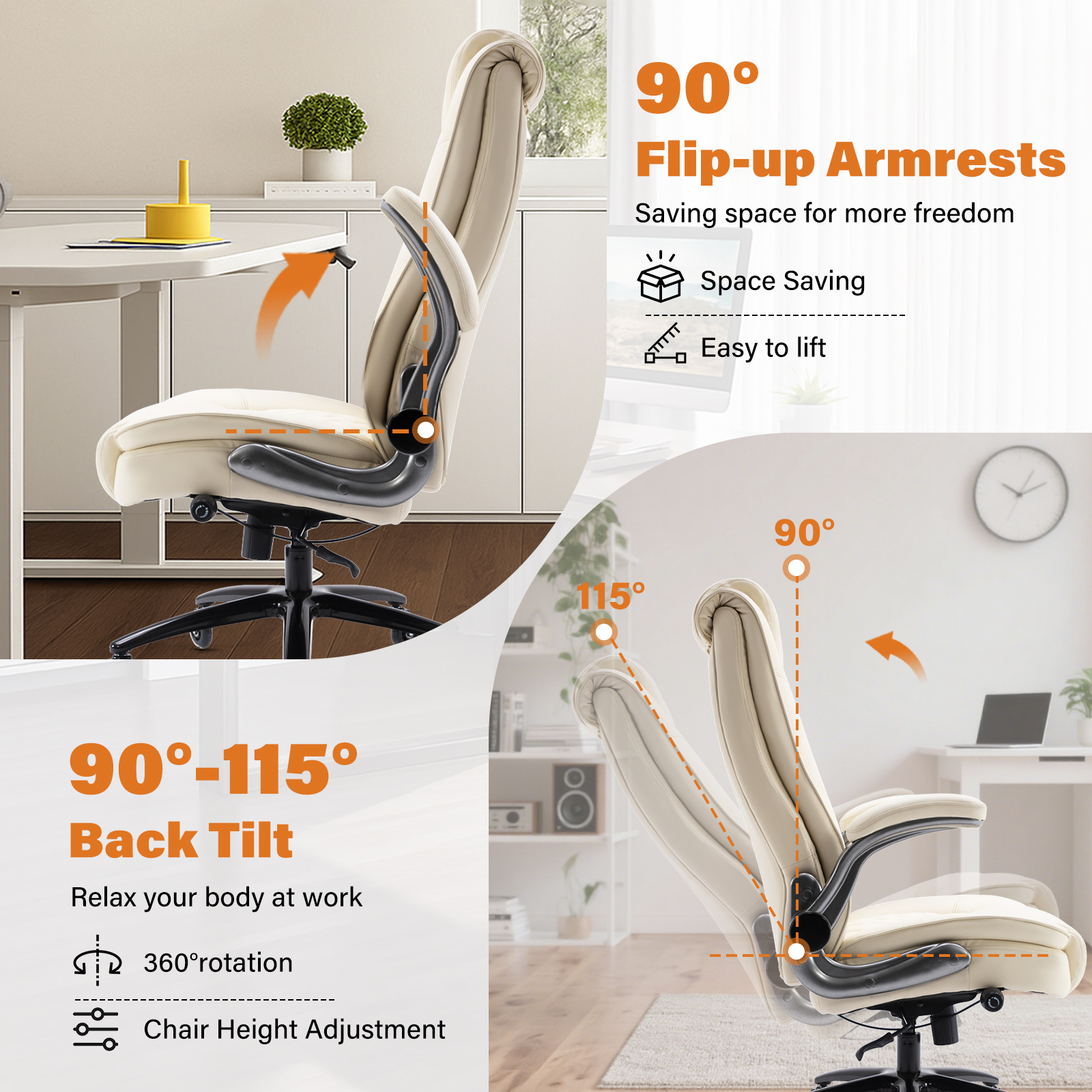 High Back Office Chair with Lumbar Support, Large Upholstered Executive Desk Chair, Faux Leather Computer Chair with Flip-up Arms, Rubber Wheels