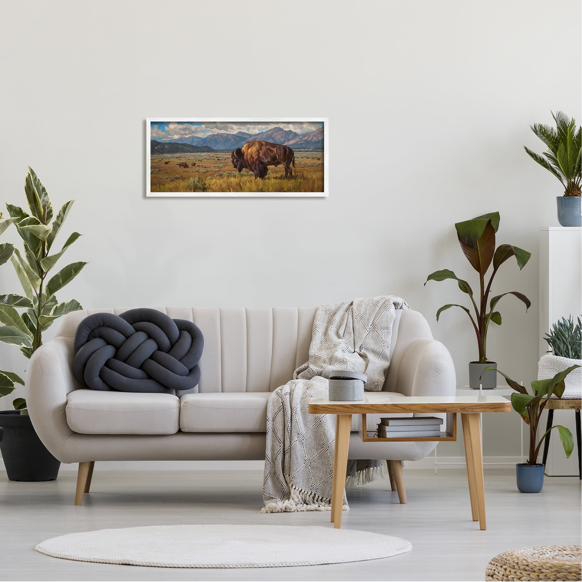 Stupell Industries Bison Grazing in Valley Animals & Insects Painting White Framed Art Print Wall Art, 30 x 13