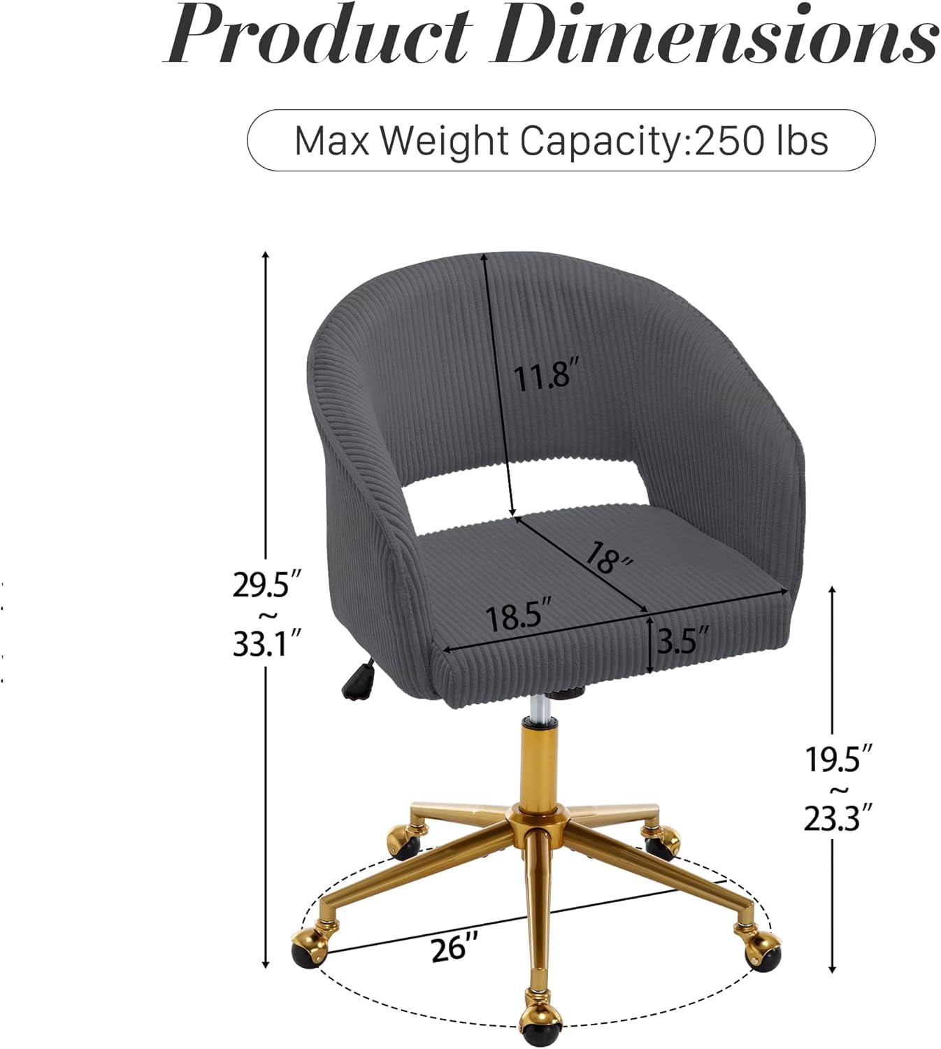 Home Office Swivel Desk Chair, Modern Corduroy Desk Chair, Height Adjustable Armchair with Gold Base, Ergonomic Office Chair for Living Room Vanity Study Computer Room, Gray