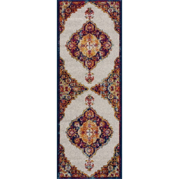 BoutiqueRugs Istanbul Farmhouse Runner Rug - Off White, Mustard, Navy - 2'7" x 7'3" Runner