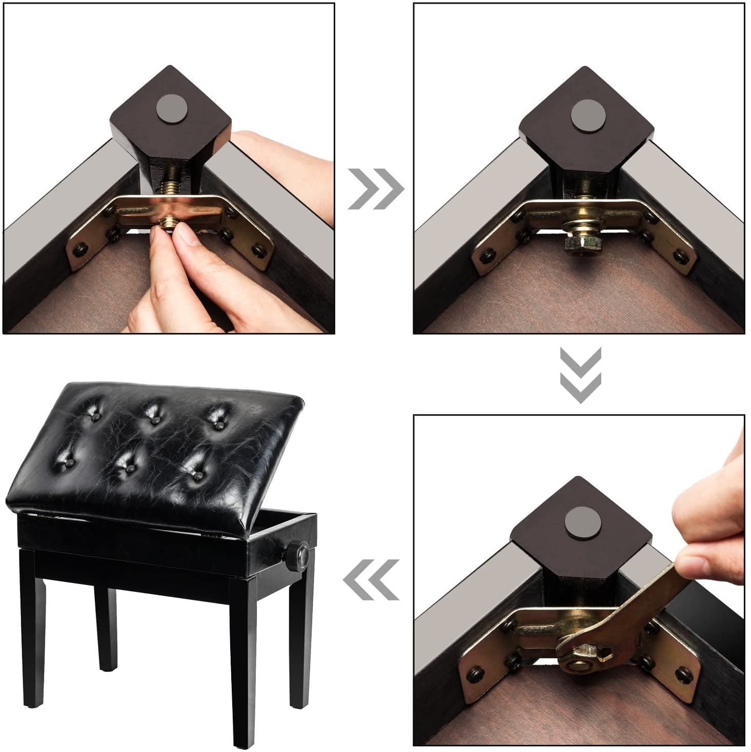 Bonnlo Adjustable Wooden Piano  Stool PU Leather Padded Seat with Music Storage Compartment, Black