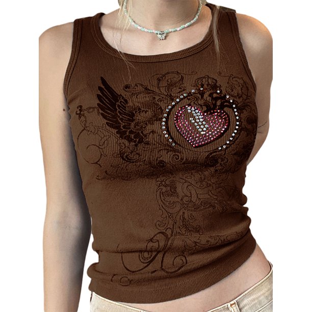 wsevypo Women Girls Y2k Graphic Print Sleeveless Crop Tank Top Grunge
