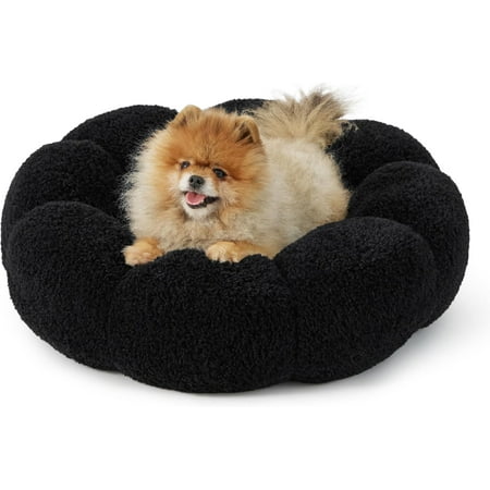 Lesure Calming Small Dog Bed - Flower Donut Round Fluffy Puppy Bed in Plush Teddy Sherpa, Non-Slip Cute Flower Cat Beds for Indoor Cats, Small Pet Bed Fits up to 25 lbs, Machine Washable, Black 23"