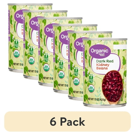 (6 pack) Great Value Organic Dark Red Kidney Beans, 15 oz