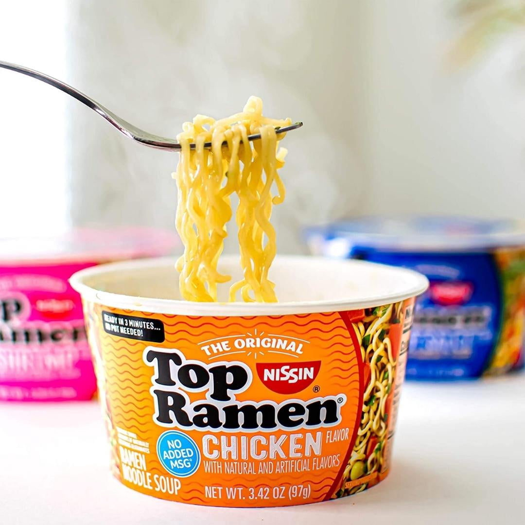 BCL Nissin Top Ramen Bowl Ramen Noodle Soup, Chicken Flavor, 3.42 Ounce Pack of 12 & CUSTOM Storage Carrier with Cutlery