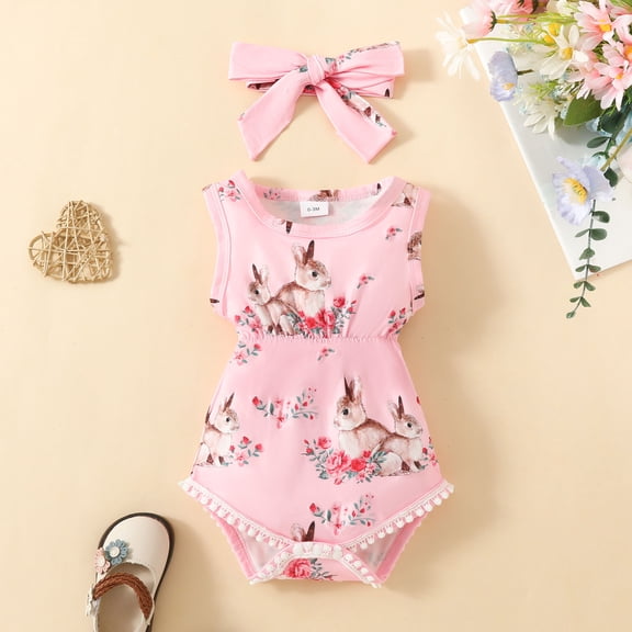 TOOYOU Baby Girl Bodysuits Cheap Toddler Girl Onesies Easter Sleeveless Cartoon Rabbit Printed Tassels Cozy Baby Girl Romper Red Size 9-12 Months