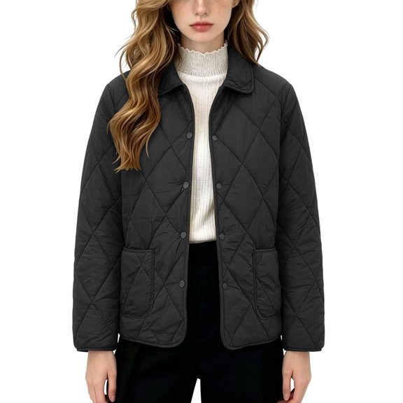 Women Jacket 2XL-5XL Quilted Barn Jackets Fall Winter Fashion Coats Causal Outerwear Button Down Solid Color Padded Coat Ladies Jacket Black L