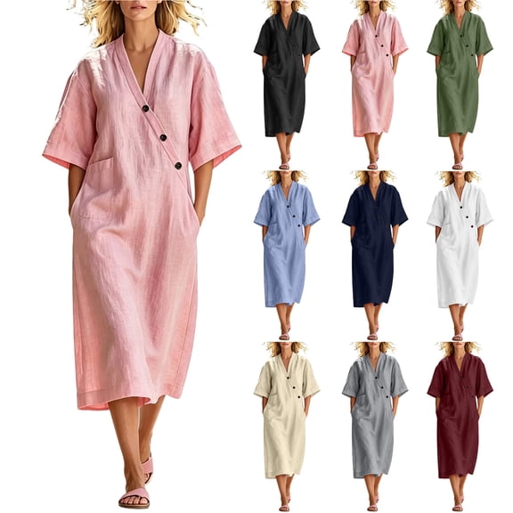 YuXingFu Long Dresses for Women Mini V-Neck Plus Size Womens Dress Short Sleeve A Line Casual Summer White S