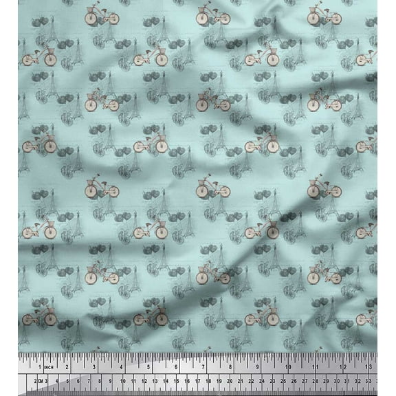 Soimoi Green Cotton Voile Fabric Bicycle & Eiffel Tower Transport Decor Fabric Printed Yard 42 Inch Wide