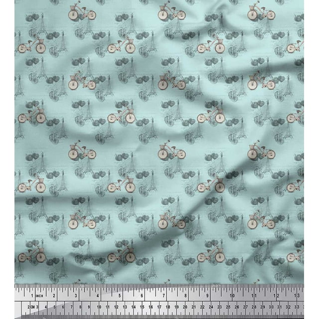 Soimoi Green polyester Crepe Fabric Bicycle & Eiffel Tower Transport Decor Fabric Printed Yard 52 Inch Wide